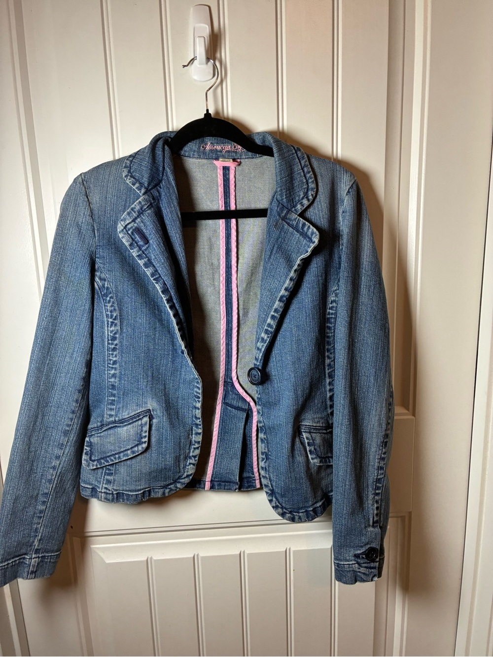 American Eagle Outfitters Light Blue Denim Blazer with Pink Trim